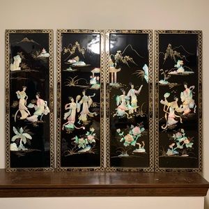 4 Panel Asian Mother of Pearl on Black Lacquer